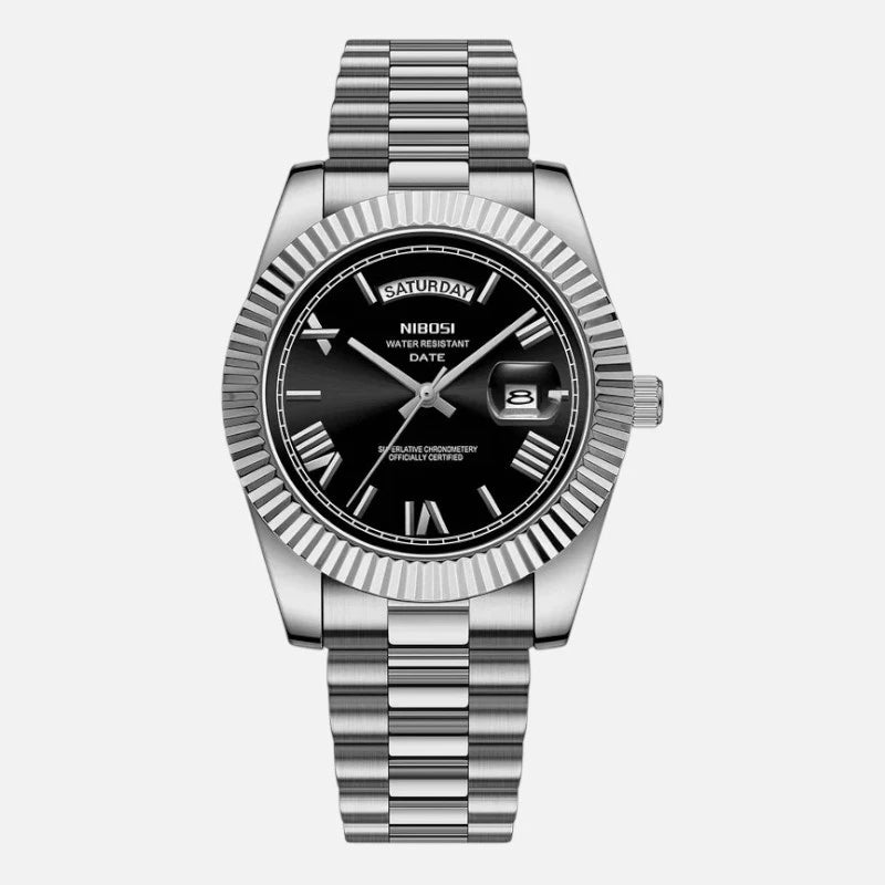 VEXO Day Date watch with black dial and silver stainless steel bracelet, classic men's automatic watch with day and date window.
