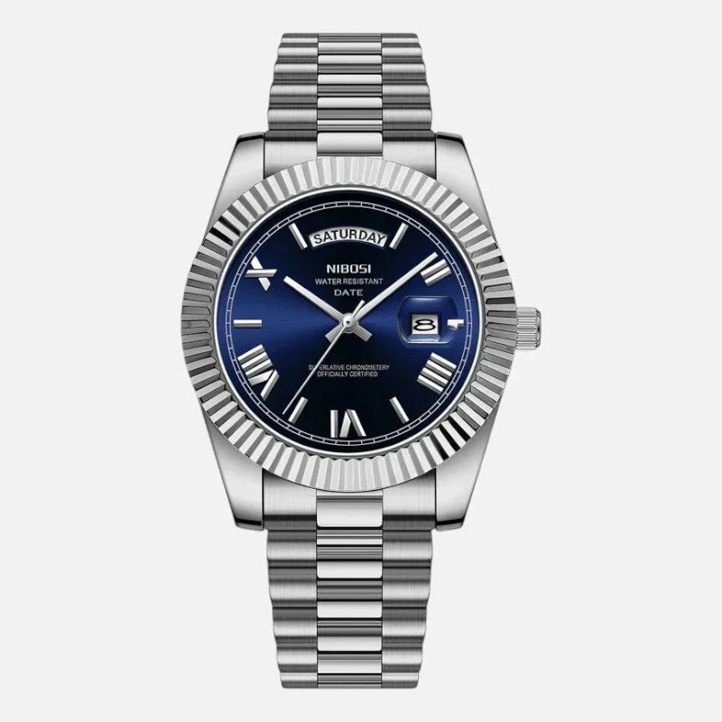VEXO Day Date men's luxury watch with blue ocean dial and stainless steel bracelet, featuring day and date display.