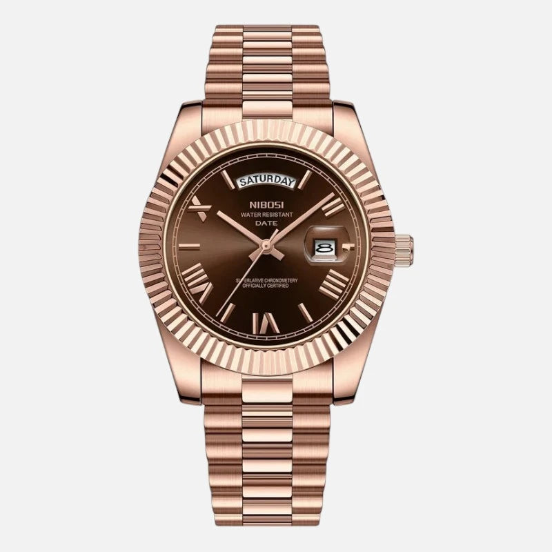VEXO Day Date watch with chocolate brown dial and rose gold bracelet, elegant timepiece with day and date display.