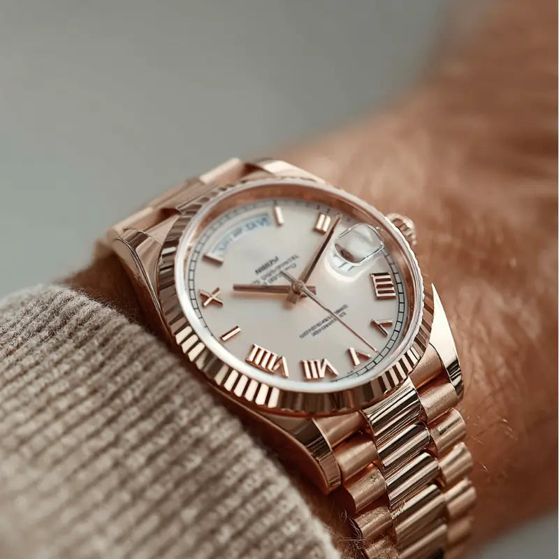 VEXO Day Date Chocolate Ice luxury watch on wrist with white dial and rose gold bracelet – elegant and sophisticated wristwatch style.