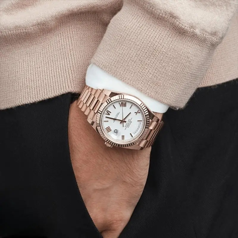 VEXO Day Date Chocolate Ice wristwatch styled with sweater – rose gold luxury timepiece with white dial and Roman numerals.