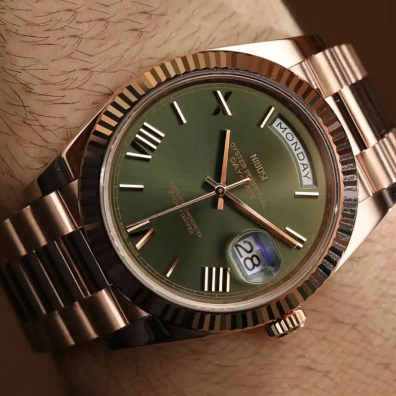 Close-up of VEXO Day Date Chocolate Olive luxury watch – green dial, rose gold case, Roman numerals, and date magnifier