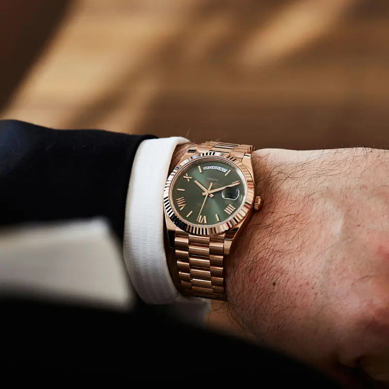 VEXO Day Date Chocolate Olive watch on wrist – luxury men's wristwatch with green dial and rose gold bracelet