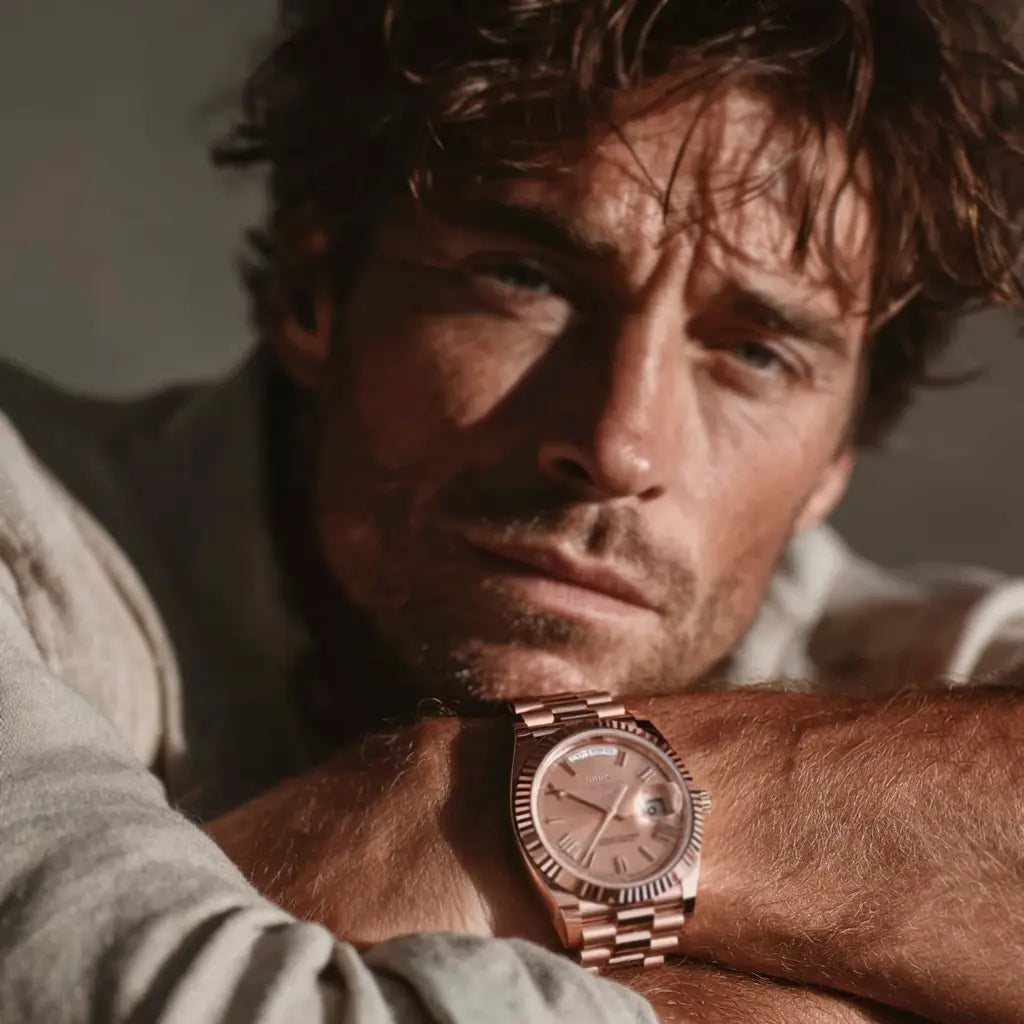 VEXO Day Date chocolate rose gold men’s luxury watch featured in a moody close-up portrait – premium timepiece for refined masculine style