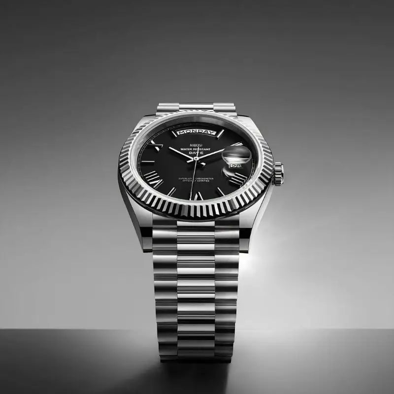 VEXO Day Date men’s luxury watch with black dial and stainless steel bracelet – elegant automatic wristwatch with day and date window display