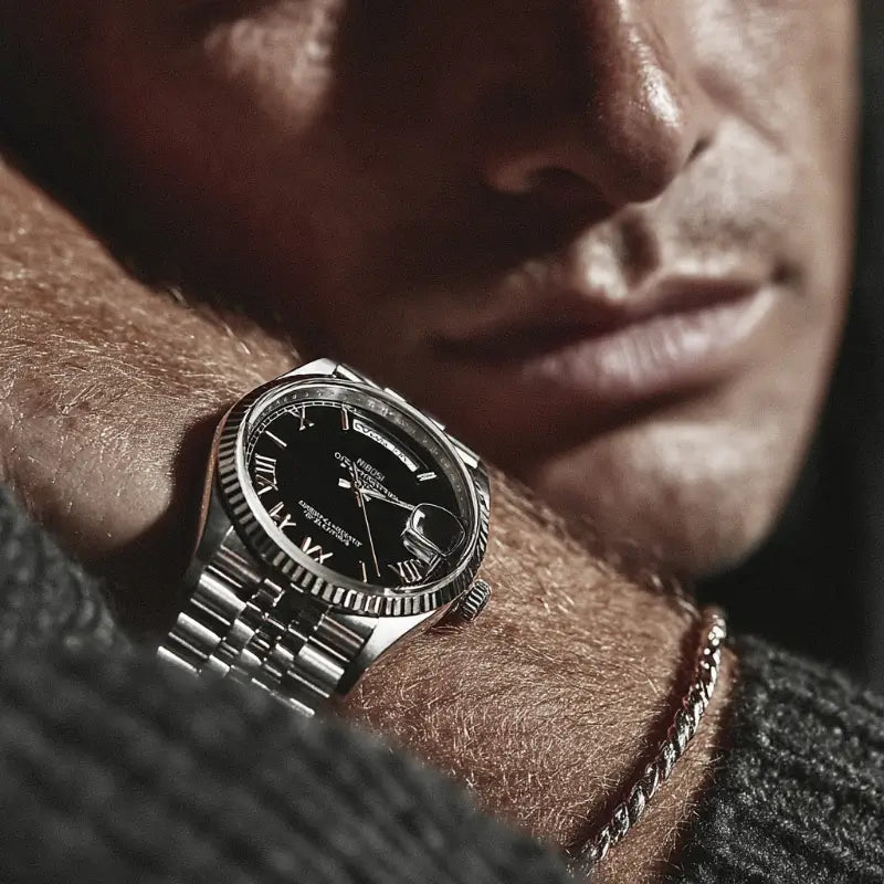 VEXO Day Date luxury watch with black dial and silver stainless steel bracelet on wrist – men's designer wristwatch with Roman numerals and date magnifier