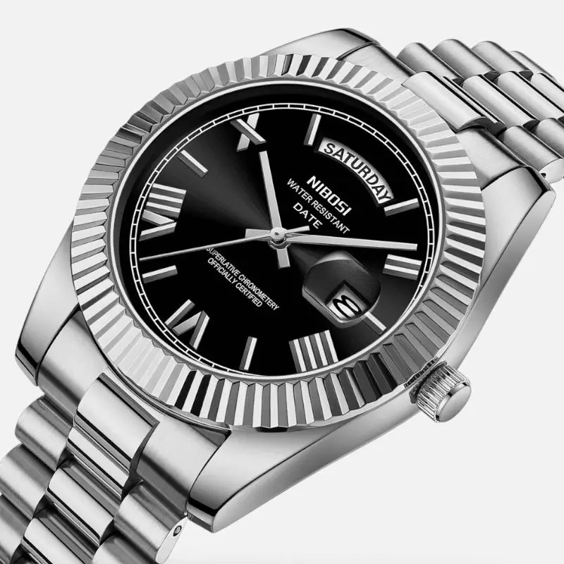 Close-up of VEXO Day Date watch with black dial, silver Roman numerals, fluted bezel, and stainless steel bracelet