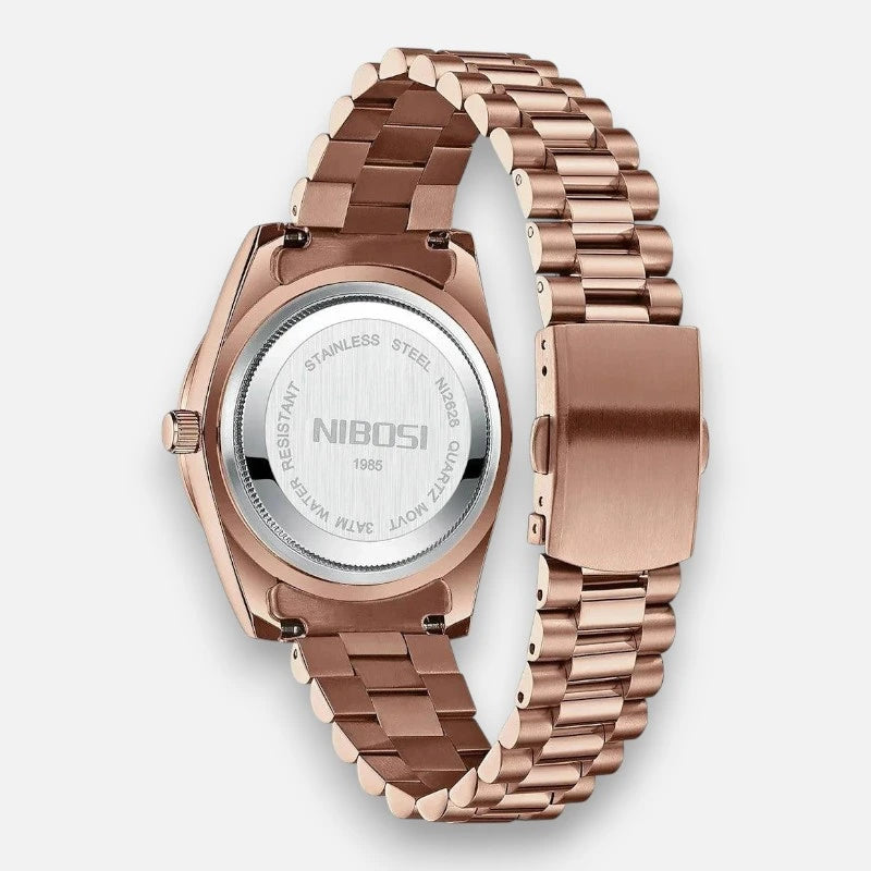 Back view of VEXO Day Date Rose Gold watch – stainless steel caseback with water resistance and NIBOSI branding