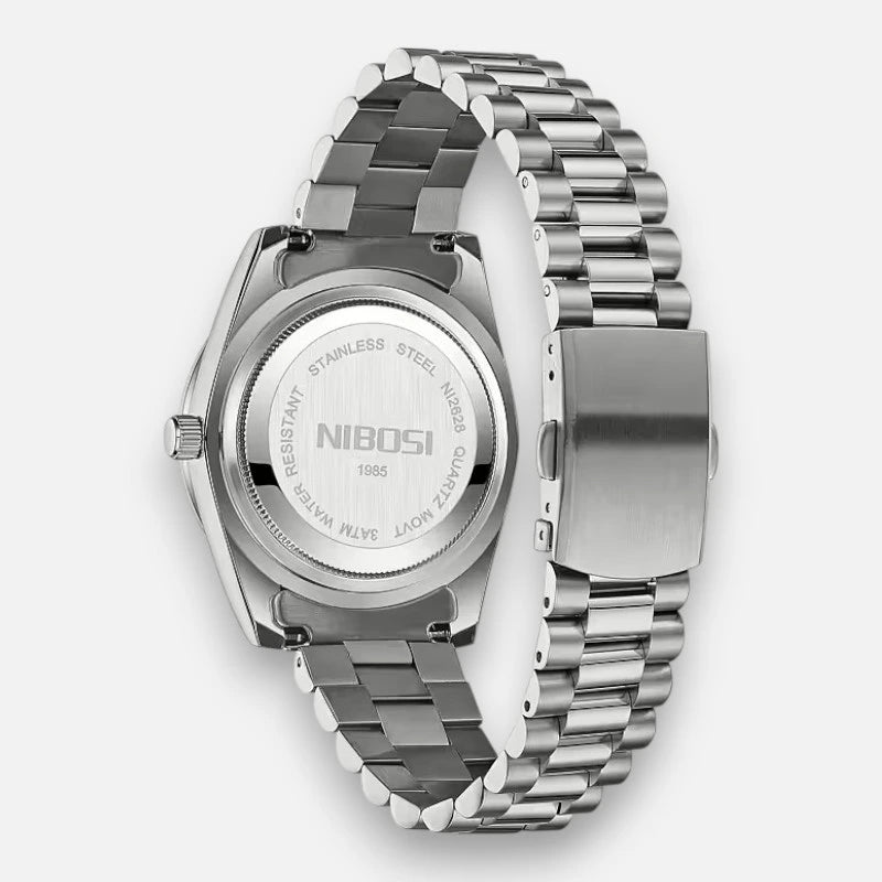 Back view of VEXO Day Date Silver wristwatch showcasing stainless steel case, quartz movement, and clasp bracelet design
