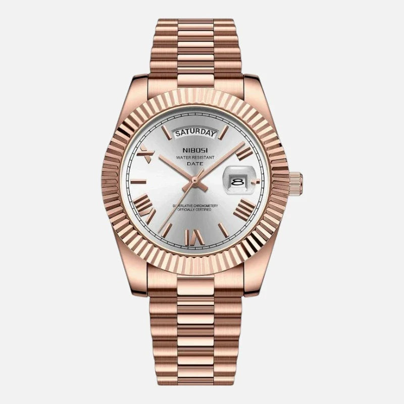 VEXO Day Date watch with chocolate strap and ice white dial, elegant design and water-resistant build.