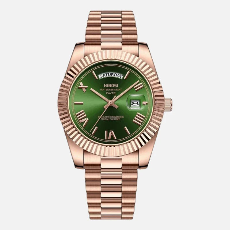 VEXO Day Date men's luxury watch with olive green dial and rose gold stainless steel band, featuring day and date display.
