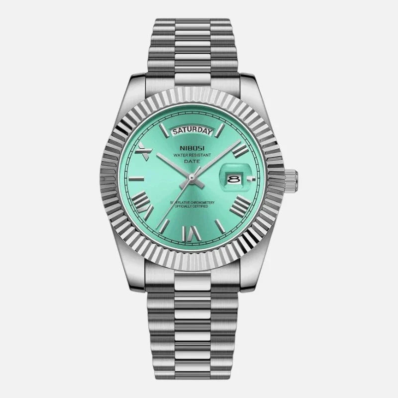 VEXO Day Date men's luxury watch with turquoise dial and stainless steel band, featuring day and date display.