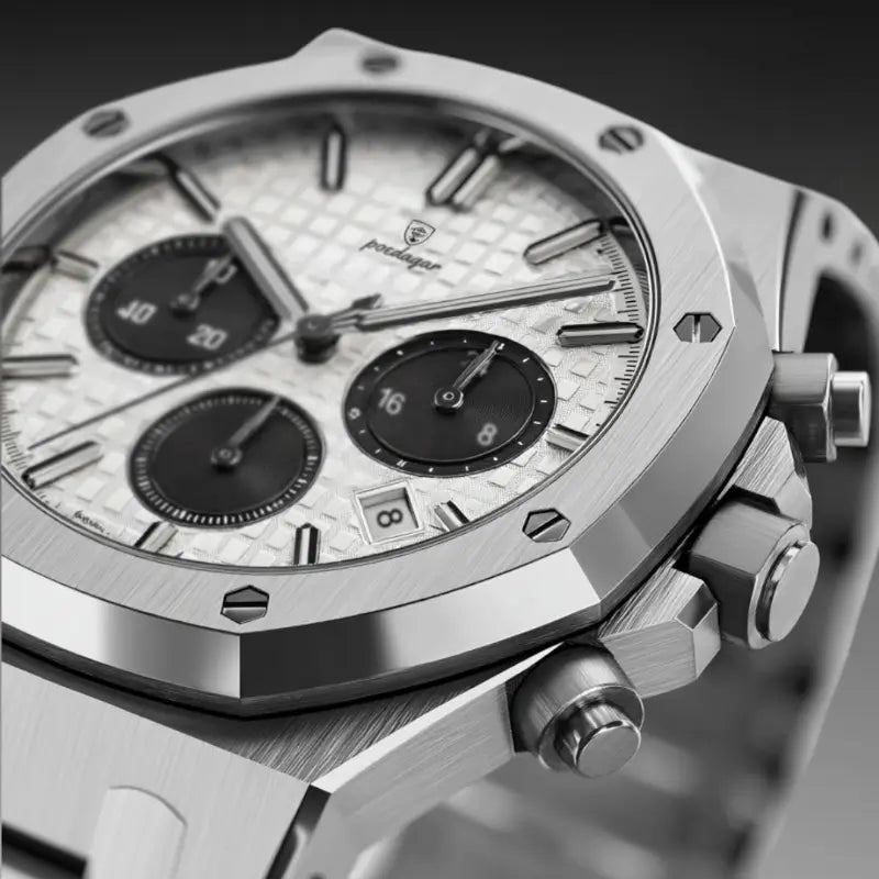 Close-up of the VEXO Kings Oak Chronograph Ice watch highlighting the silver textured dial, black chronograph sub-dials, polished stainless steel bezel, and precision pushers