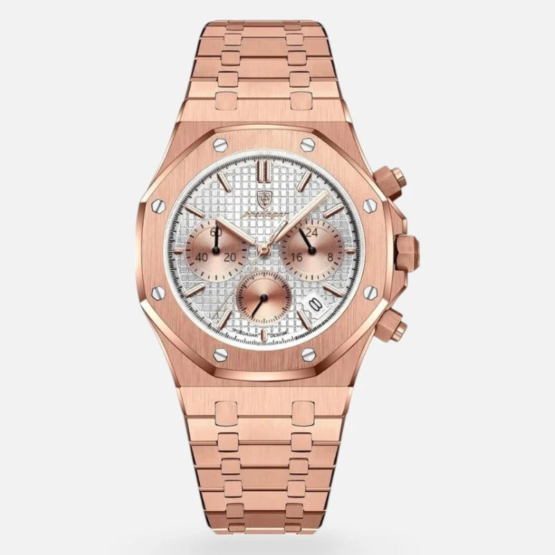 Front view of the VEXO Kings Oak Chronograph Ice - Rose Gold watch showcasing a silver textured dial, rose gold sub-dials, polished rose gold stainless steel bezel, and integrated bracelet design