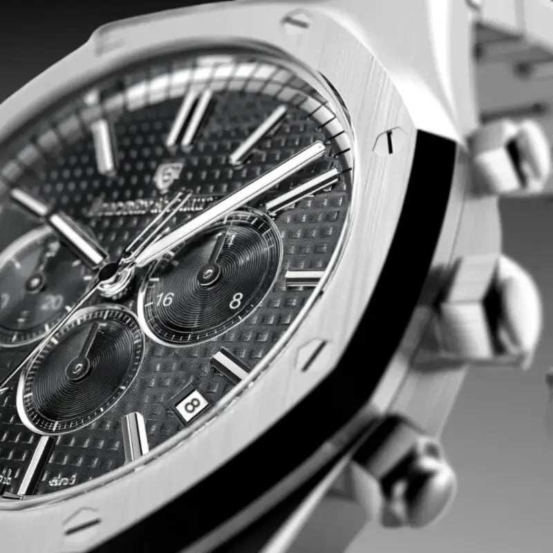 Close-up of the VEXO Kings Oak Chronograph Iron watch highlighting the black textured dial, black chronograph sub-dials, polished stainless steel bezel, and precision pushers