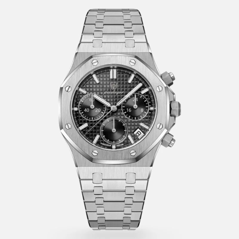 Front view of the VEXO Kings Oak Chronograph Ocean watch showcasing a black textured dial, black sub-dials, polished stainless steel bezel, and integrated bracelet design