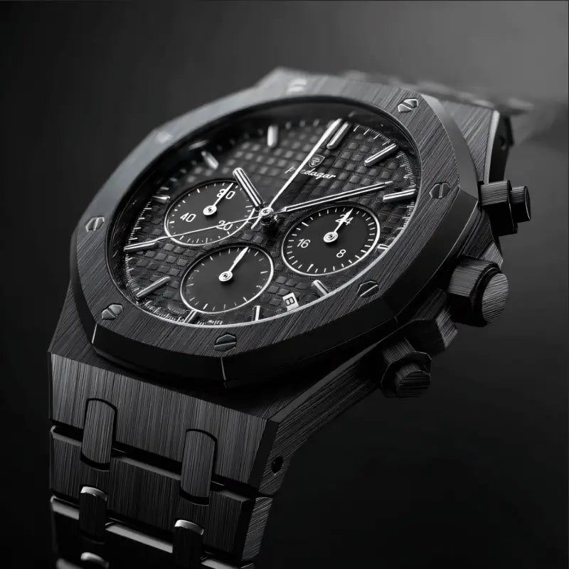 Detailed view of the VEXO Kings Oak Chronograph Obsidian dial showcasing its black waffle-textured face, bold subdials, and high-polished black case with precision pushers