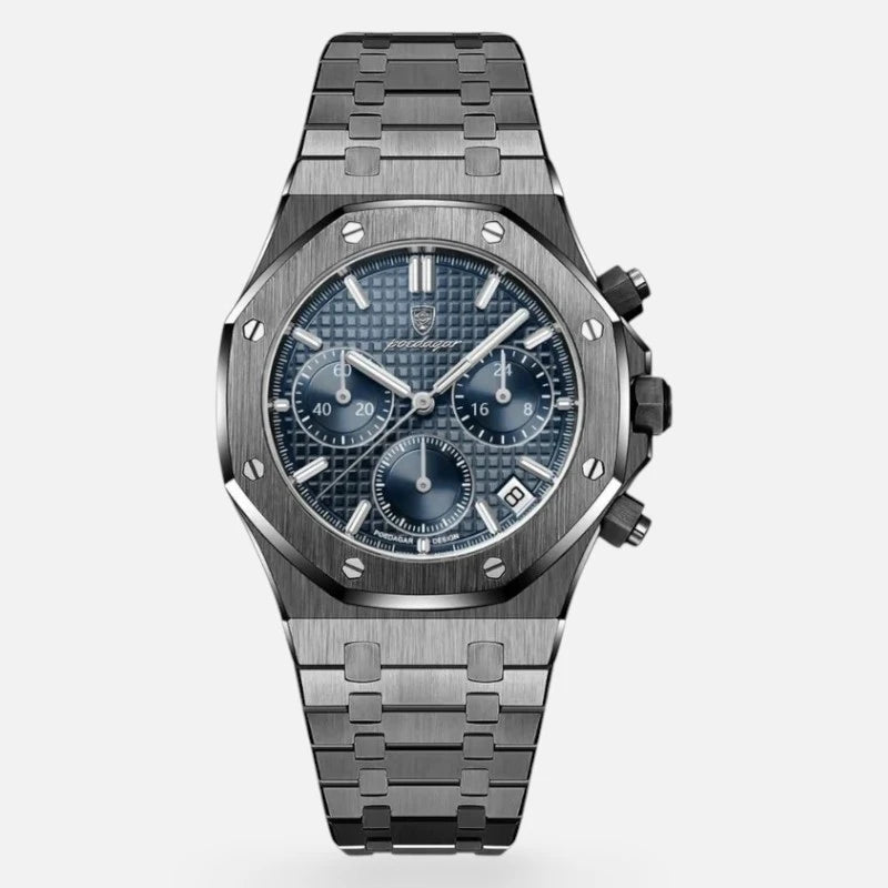 Front view of the VEXO Kings Oak Chronograph Obsidian - Ocean watch showcasing a navy blue textured dial, navy blue sub-dials, polished black stainless steel bezel, and integrated bracelet design