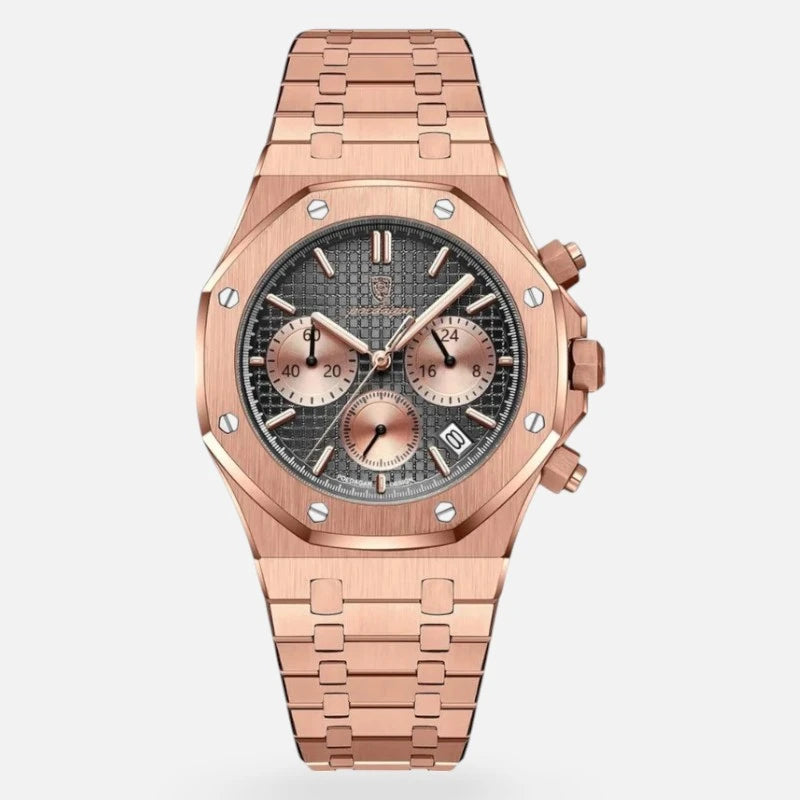 Front view of the VEXO Kings Oak Chronograph Obsidian - Rose Gold watch showcasing a black textured dial, rose gold sub-dials, polished rose gold stainless steel bezel, and integrated bracelet design