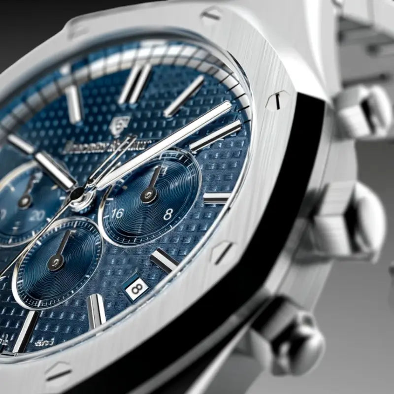 Close-up of the VEXO Kings Oak Chronograph Ocean watch dial with rich blue textured face, silver sub-dials, and polished stainless steel case detailing
