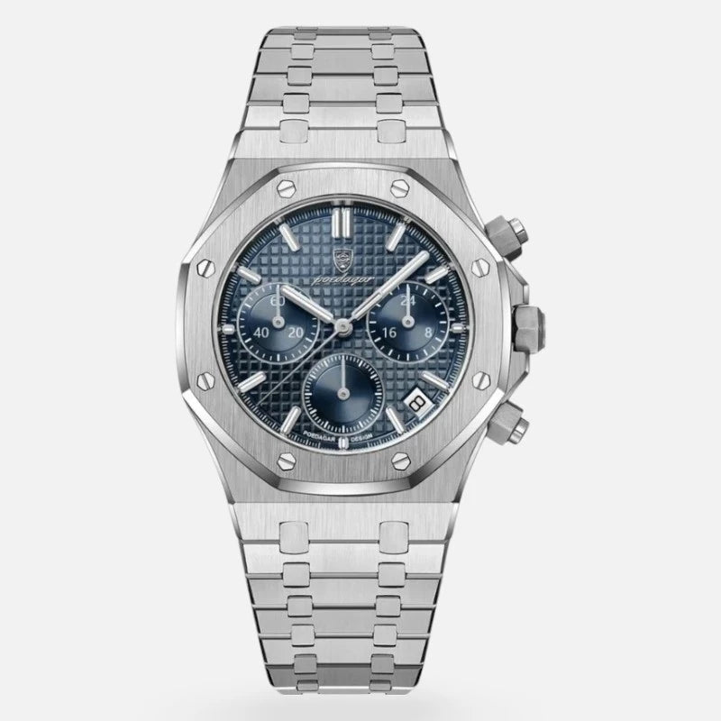 Front view of the VEXO Kings Oak Chronograph Ocean watch showcasing a navy blue textured dial, blue navy sub-dials, polished stainless steel bezel, and integrated bracelet design