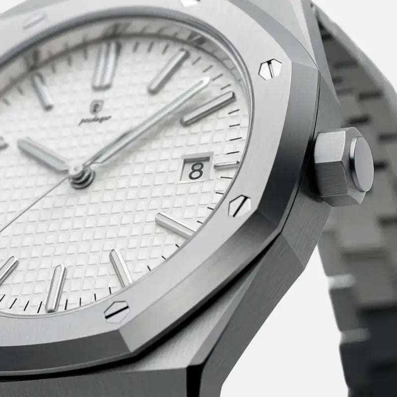 Close-up angle of the VEXO Kings Oak Ice watch highlighting its detailed waffle-patterned white dial, date window, and brushed stainless steel octagonal bezel with screw accents
