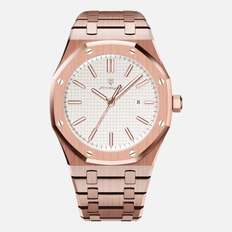 Front view of the VEXO Kings Oak Ice - Rose Gold watch featuring a white textured dial with a rose gold stainless steel bracelet