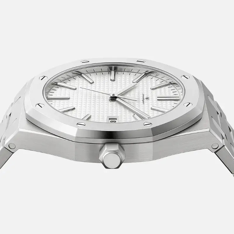 Side profile of the VEXO Kings Oak Ice watch showing angular stainless steel case design, screw-down crown, and white textured dial with date window