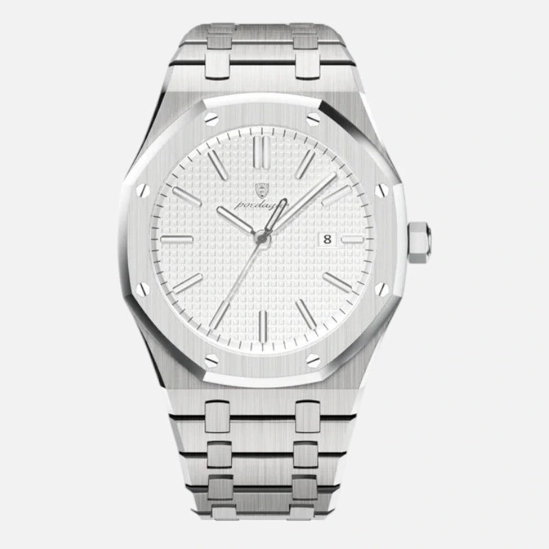 Front view of the VEXO Kings Oak Ice watch featuring a white textured dial with a silver stainless steel bracelet