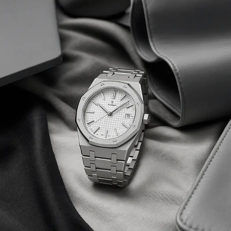 Luxury flatlay of the VEXO Kings Oak Ice watch with a white textured dial and stainless steel bracelet surrounded by premium gray leather accessories