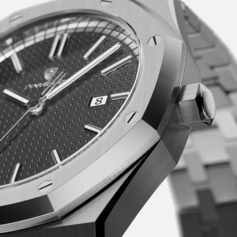 Macro shot of VEXO Kings Oak Iron watch dial highlighting the detailed black waffle texture, silver markers, date window, and brushed steel bezel.

#color_iron