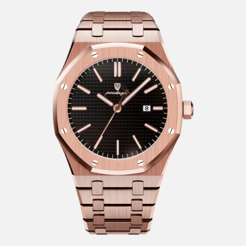 Front view of the VEXO Kings Oak Iron - Rose Gold watch featuring a black textured dial with a rose gold stainless steel bracelet