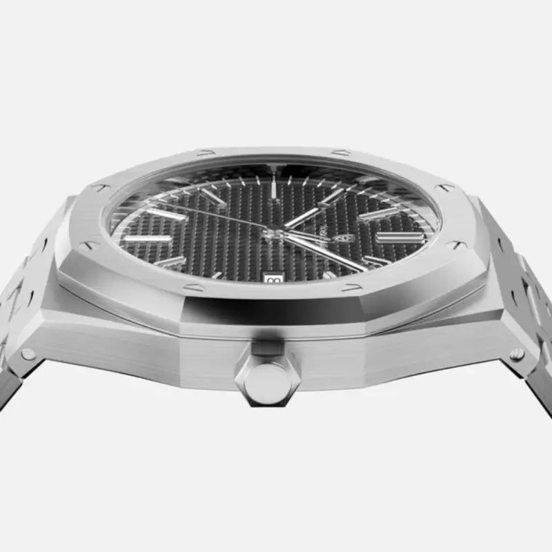 Side profile view of the VEXO Kings Oak Iron watch with a sleek brushed stainless steel case and black waffle dial.

#color_iron
