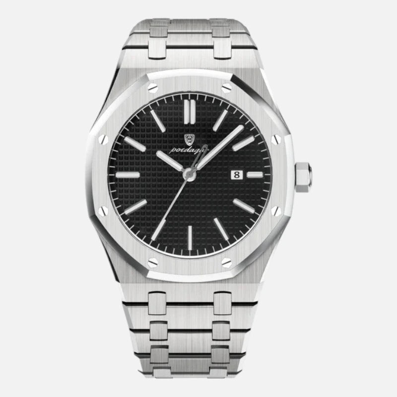 Front view of the VEXO Kings Oak Iron watch featuring a black textured dial with a silver stainless steel bracelet