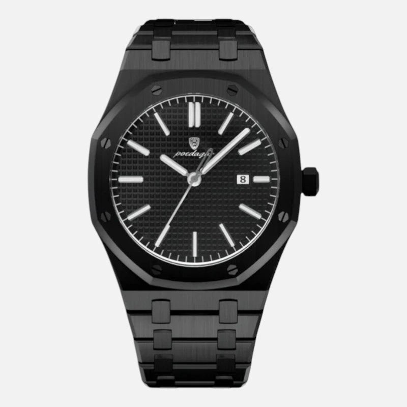 Front view of the VEXO Kings Oak Obsidian watch featuring a black textured dial with a black stainless steel bracelet