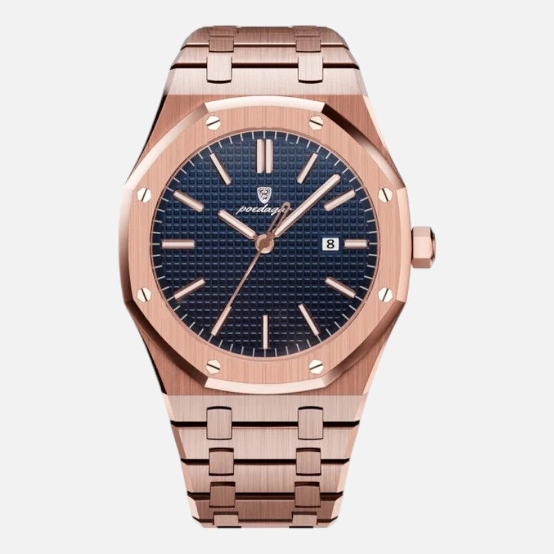 Front view of the VEXO Kings Oak Ocean - Rose Gold watch featuring a deep blue textured dial with a rose gold stainless steel bracelet