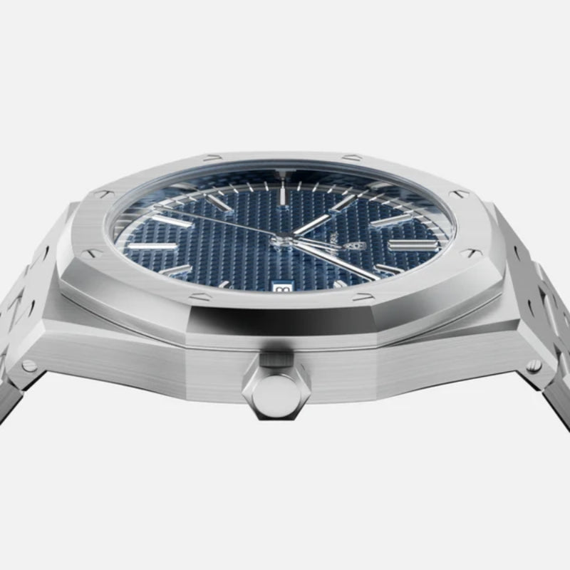 Side profile view of the VEXO Kings Oak Ocean watch with a sleek brushed stainless steel case and deep blue waffle dial