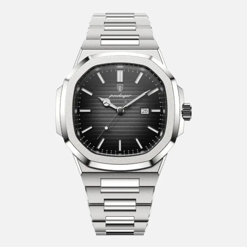 Vexo Nautilus Iron watch front view featuring a full silver stainless steel design with a striped black dial and date display