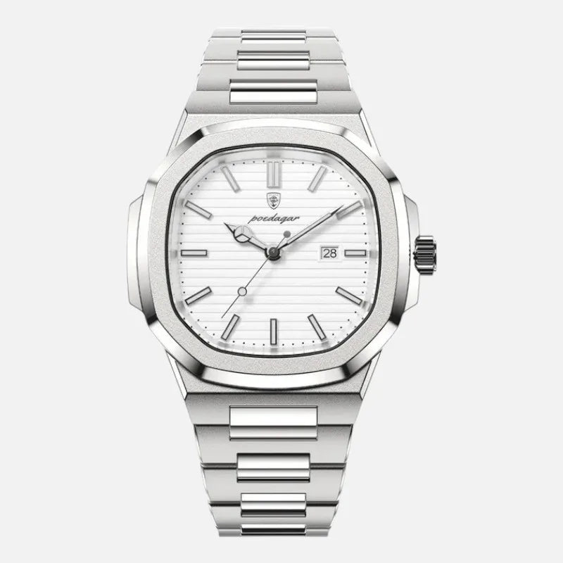 Vexo Nautilus Ice watch front view featuring a full silver stainless steel design with a striped white dial and date display