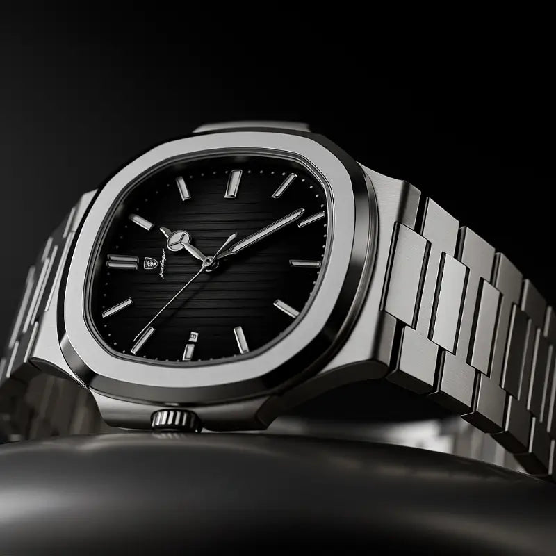 Close-up of the Vexo Nautilus Iron watch with a brushed stainless steel bracelet and deep black dial, set against a dark background