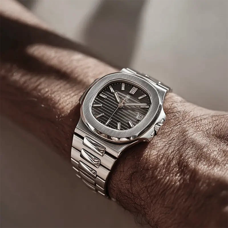 Vexo Nautilus Iron watch close-up showing brushed steel case and dark dial with date window on wrist